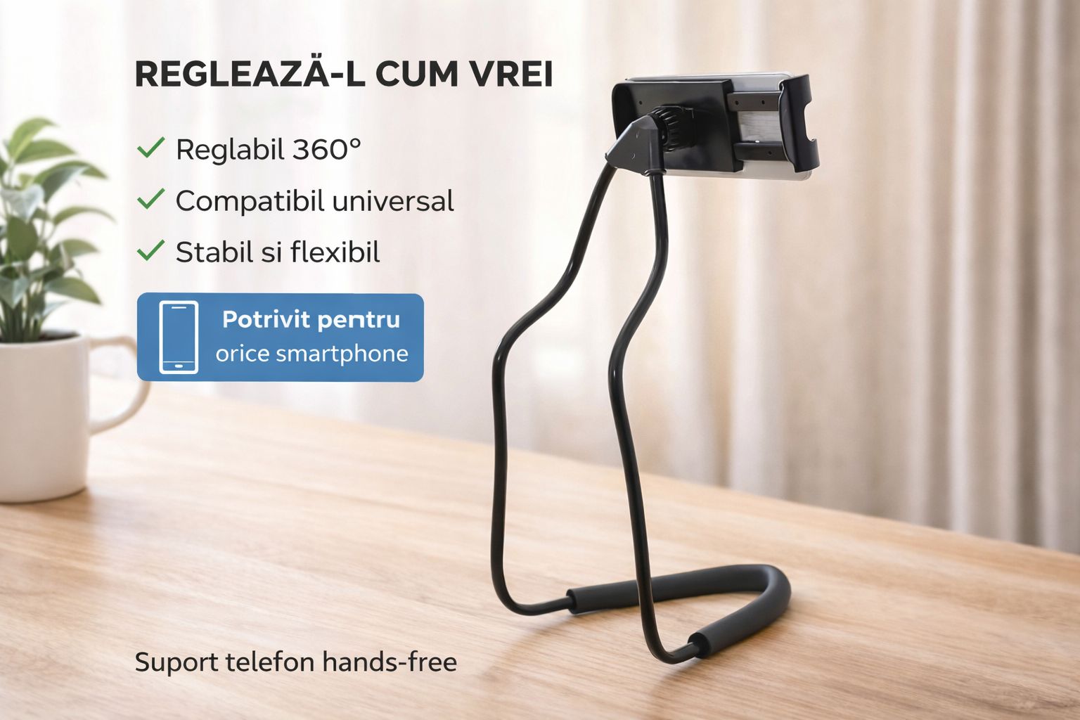 Suport Telefon Reglabil 360° – Fara Maini, Fara Disconfort