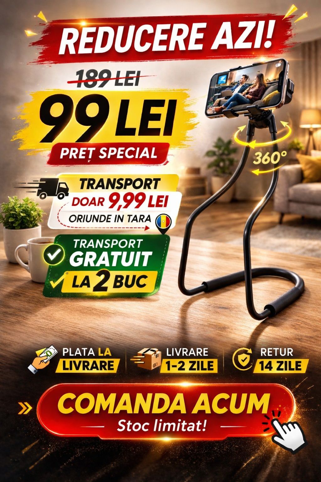 Suport Telefon Reglabil 360° – Fara Maini, Fara Disconfort